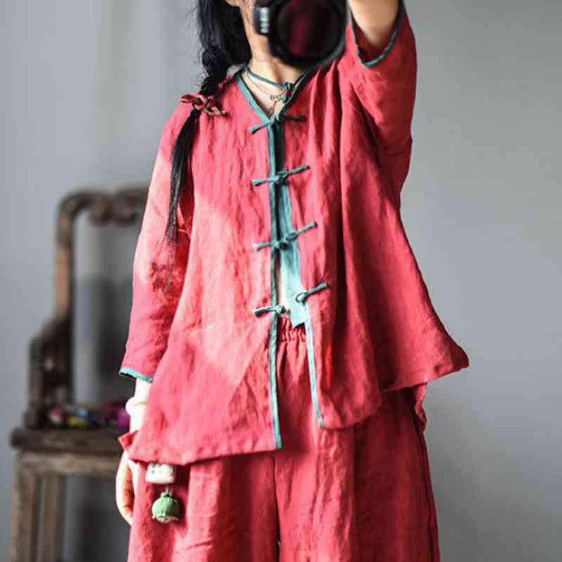 

Johnature Cotton Linen Leisure Retro V-neck Plate Buckle Nine Quarter Sleeve Cardigan Shirts Autumn All-match Women Top 210521, Black