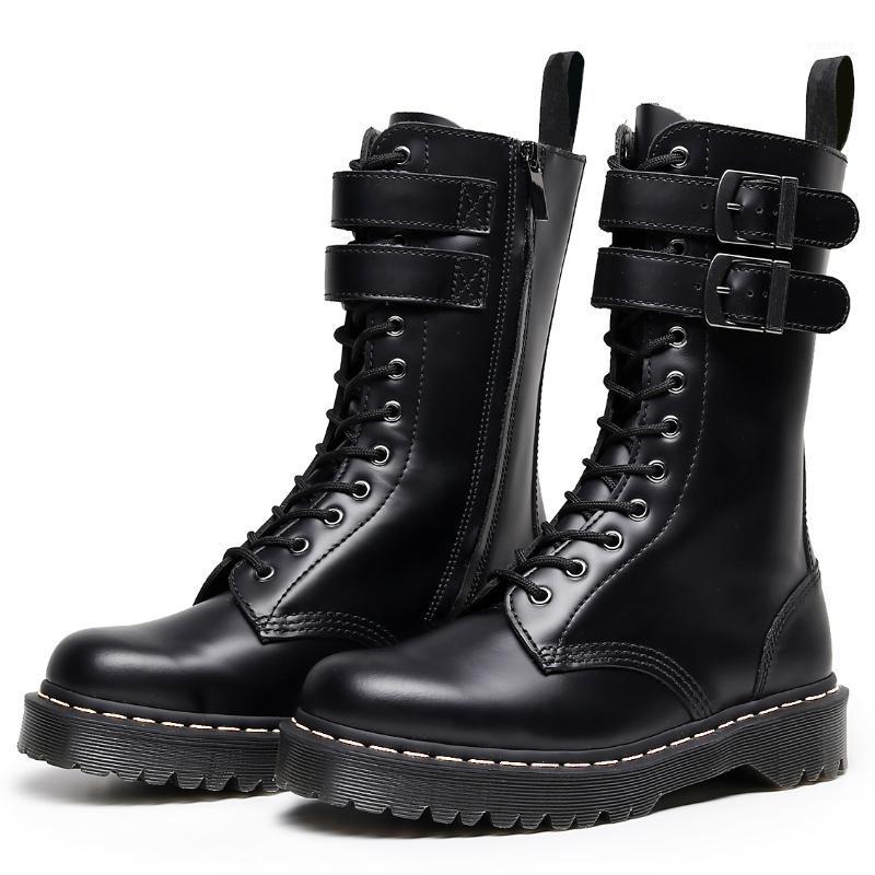 

Boots Women Platform Leather High Female Shoes Punk Buckle Long Boot Woman Lace Up Booties Black Gothic Mid Tube