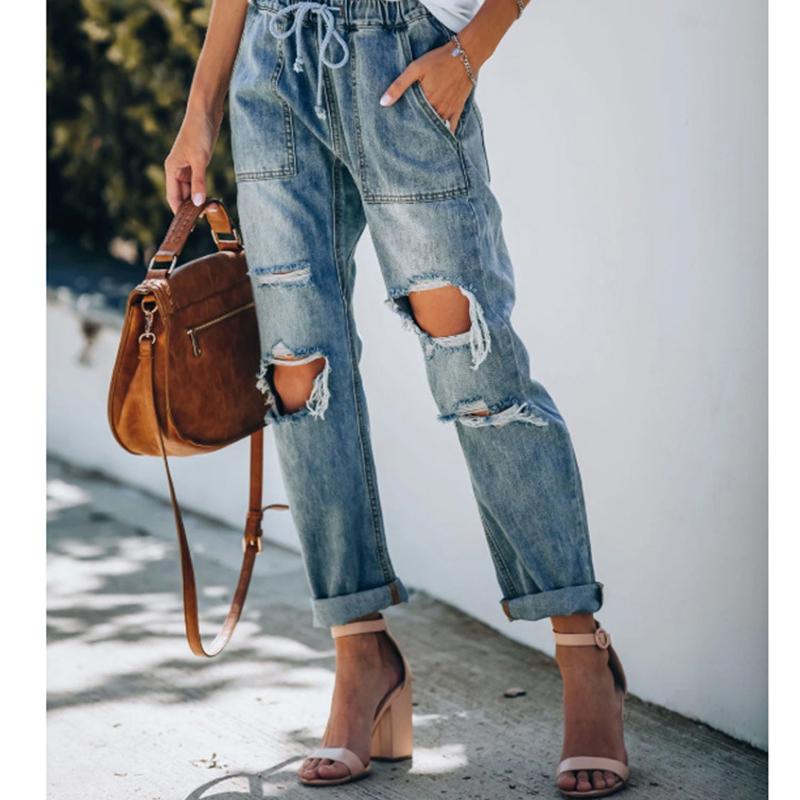 

Women Drawstring Denim Jeans 2021 Fashion Ripped Hole Stretch Ladies Jean Pants Casual Plus Size Pencil Trousers Women, Blue
