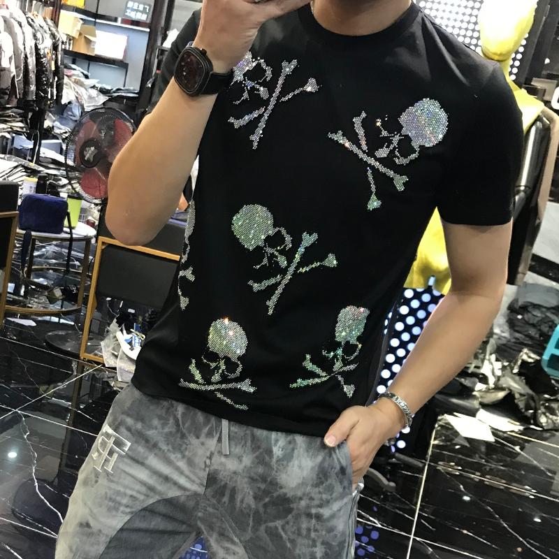 

Men's T-Shirts Young Classic Original T-Shirt Fashion Diamond Skull High End Pattern Summer Slim Black Short Sleeve, As shown asian size