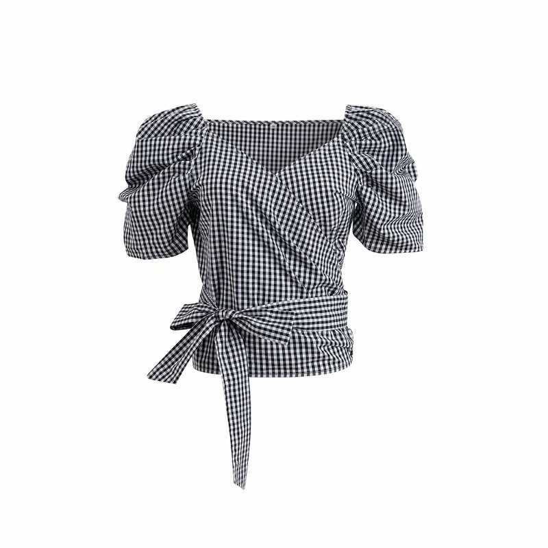 

women vintage pleat puff sleeve plaid print bow tie sashes blouse ladies v neck shirts leisure chic chemise tops LS6556 210603, As pic ls6556gl