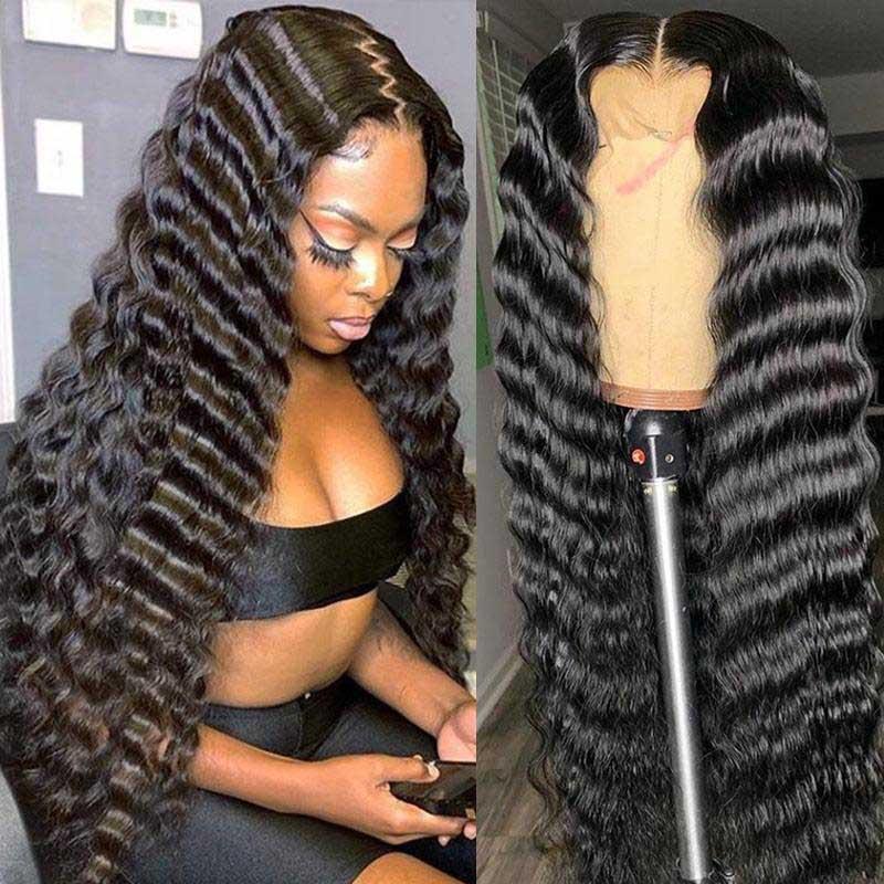 

Lace Wigs Deep Wave Human Hair Front Wig For Women 360 Frontal 30Inch Middle Part Natural Black Color Glueless Preplucked 250%Density, 13x3 lace front wig