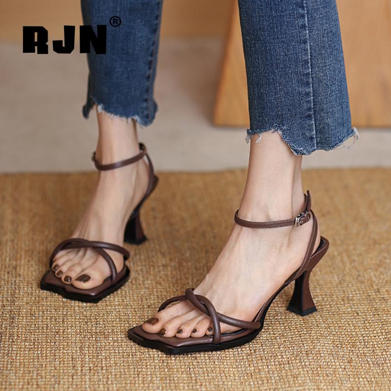 

Summer Women's Sandals Comfortable Genuine Leather Buckle Strap Ladies Shoes Open Toe Stiletto Casual RO803 Dress, Black