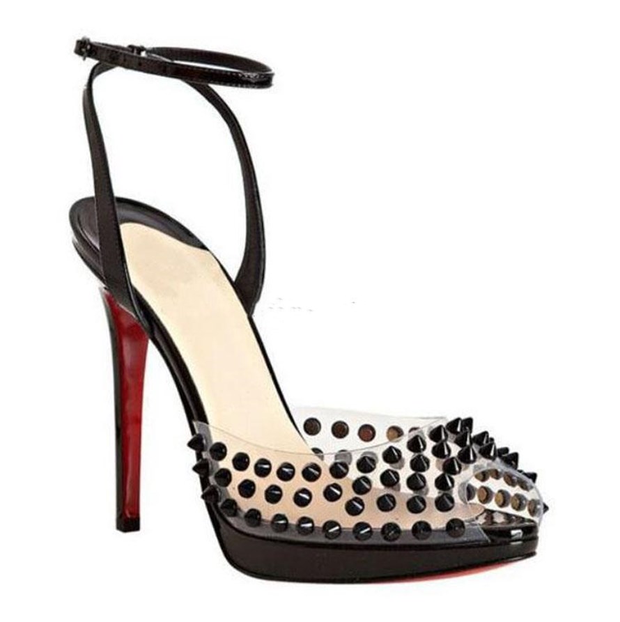 

2021 Luxury Sandals Brandss Red Bottom Women's Fifty Spikes 150mm Leather Peep Toe Platform Pumps Famous Party Wedding Summer High Heels EU35-43