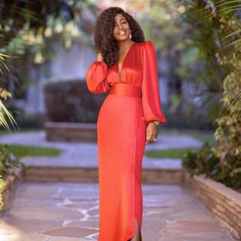 

Casual Dresses Red Elegant Maxi Dress Women Plain Sexy Deep V-Neck Long Sleeves Spring 2022 Year Female Evening Formal Party, Black;gray