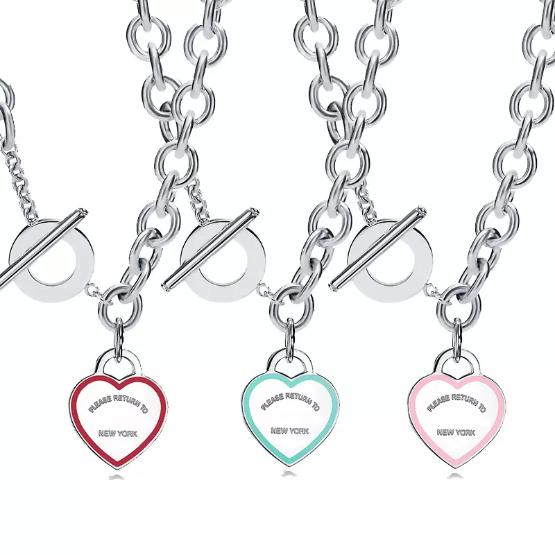 

TIFF 925 Silver Korean Pin Buckle Enamel Heart Necklace Female Pendant Clavicle Chain Double Electroplating Thick Silver Bottom Fashion Jewelry Gift