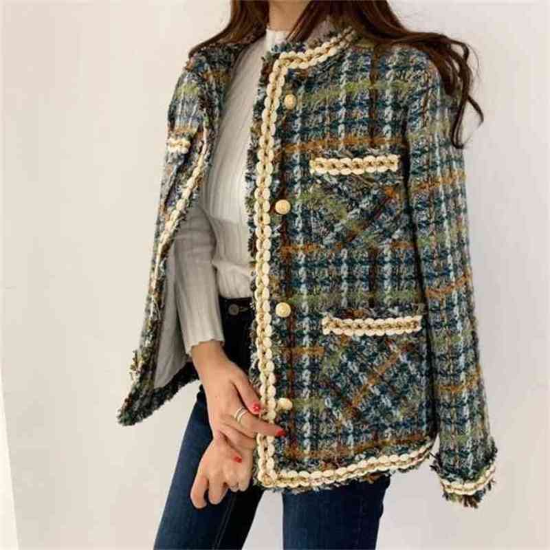 

Office Ladies Slim Fit Tweed Jacket Women Plaid Pearls Beading Short Coat Brand Party O Neck Twill Jackets Outerwear 210603, Picture color