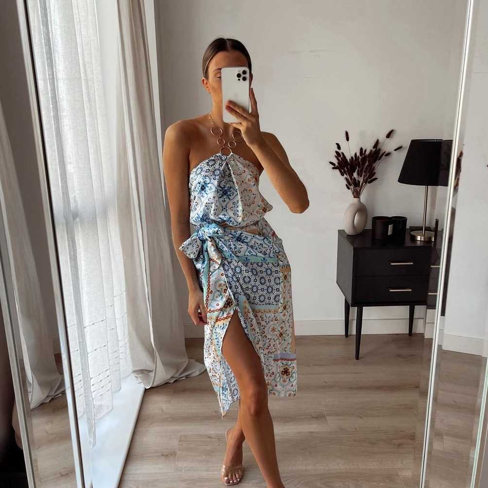 

XEAXY Summer Women Two Piece Set Vintage Casual Bohemia Print Slim Chain Halter Female High Waist Tie Split Skirt Set 210708, Top