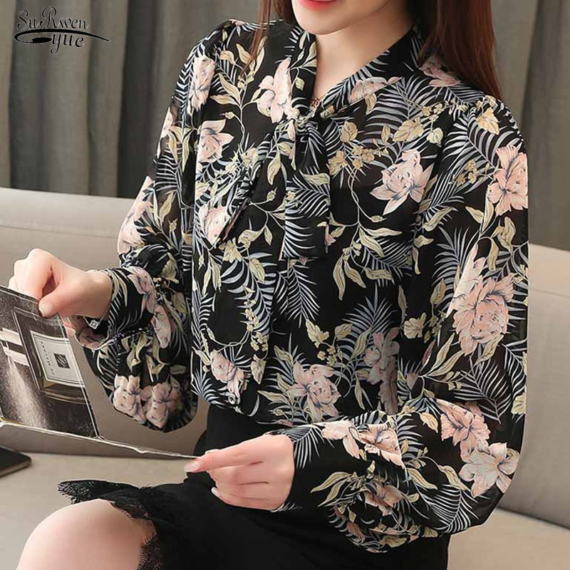 

Blusas Autumn Korean Style Elegant Long Sleeve Women's Blouse Cardigan Lantern Bow Tie Print Office Lady Shirt 10675 210521, Picture