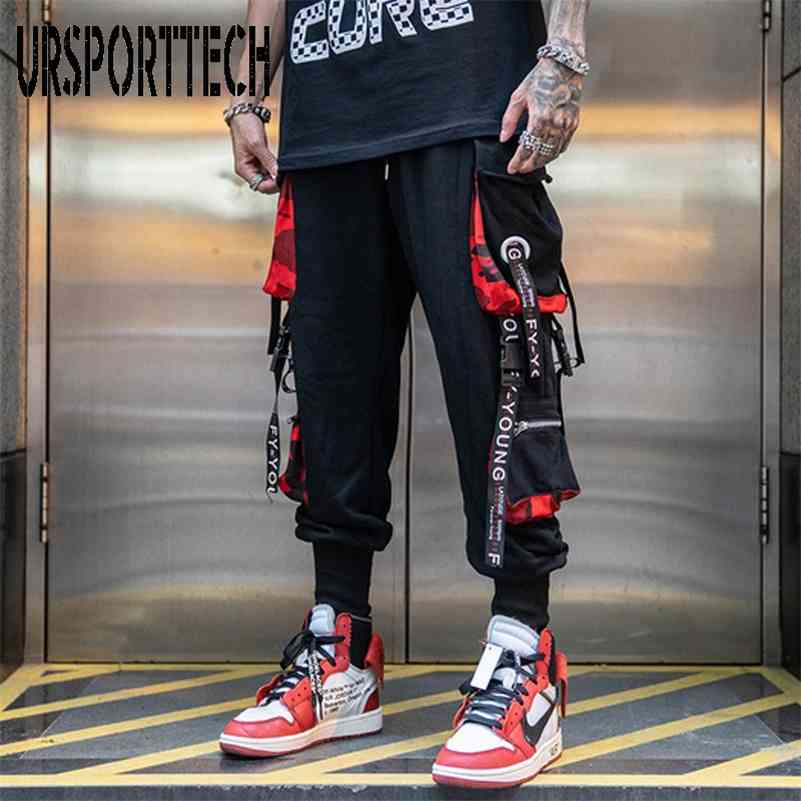 

Hip Hop Joggers Men Letter Ribbons Cargo Pants Pockets Track Tactical Casual Techwear Male Trousers Sweatpants Sport Streetwear 210616, Black pants