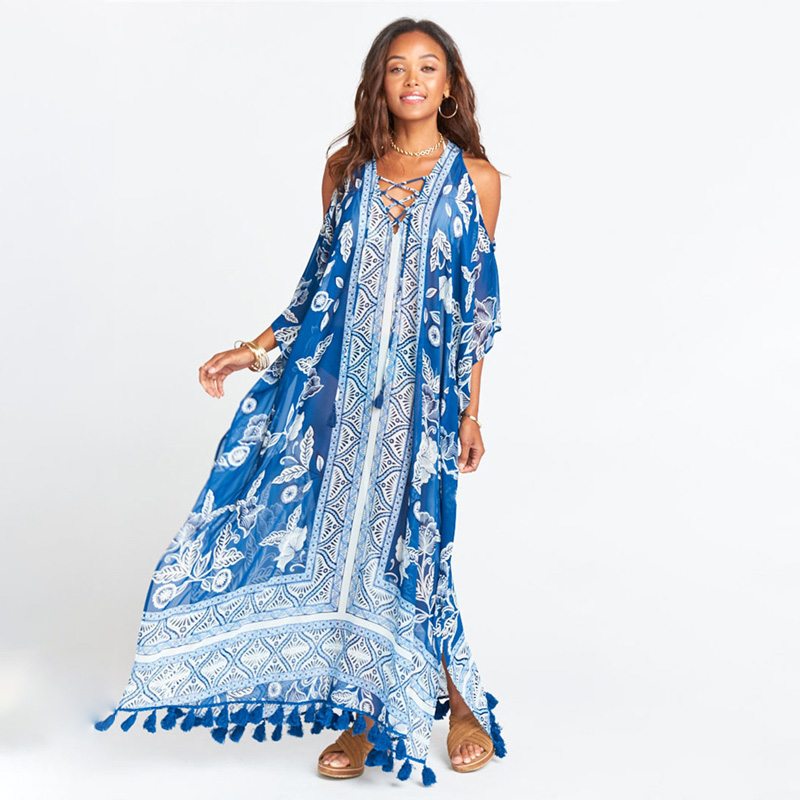 

Fitshinling Open Shoulder Fringe Long Dress Female 2021 Print Chiffon Maxi Dresses Women Lace Up Pareo Large Size Dress Swimwear