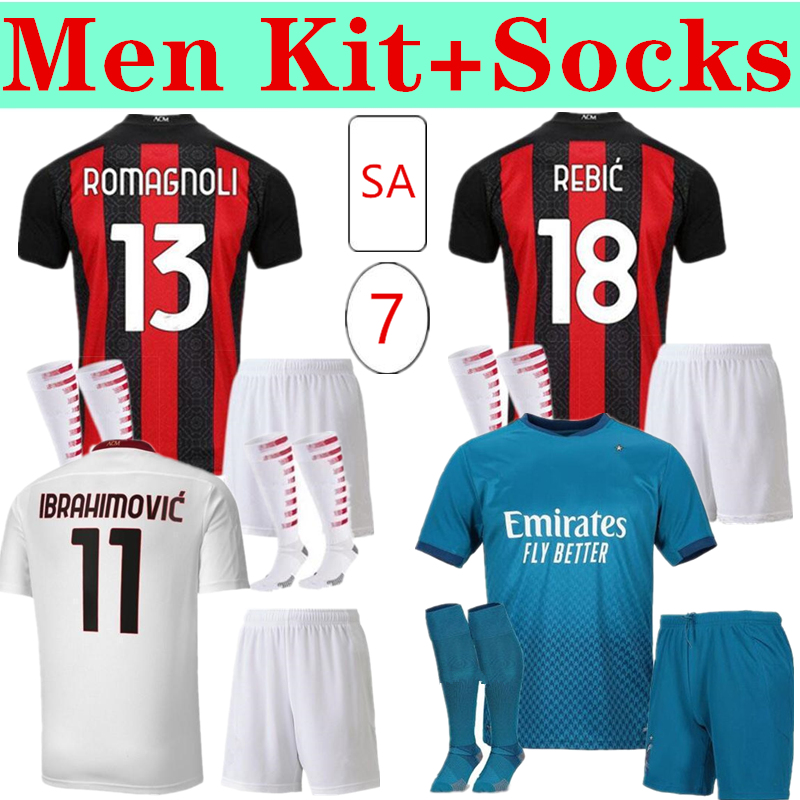 

Adult kit+socks AC milan 20 21 soccer jersey IBRAHIMOVIC PAQUETA BENNACER ROMAGNOLI CALHANOGLU 2021 football shirt TONALI REBIC maillot, Black;yellow