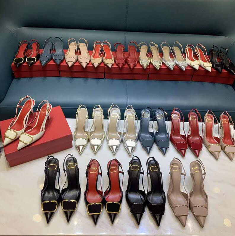 

Brand women high heels sandal 8cm thin heel red wedding shoe Genuine Leather metal V buckle Single shoes sexy pointed toe, Black