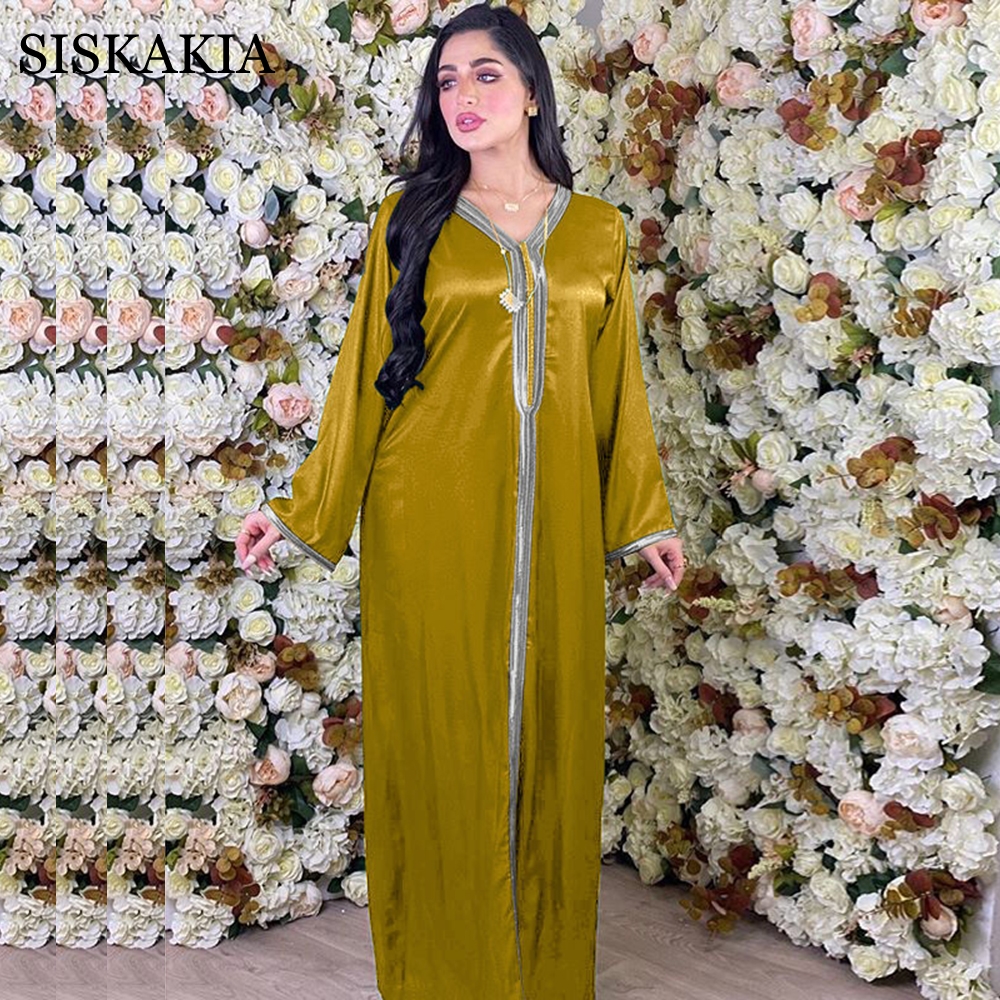 

Siskakia Dubai Arabic Dress for Women Autumn 2021 Soft Satin Ribbon V Neck Long Sleeve Loose Plus Size Muslim Turkey Robes New, Green abaya dress
