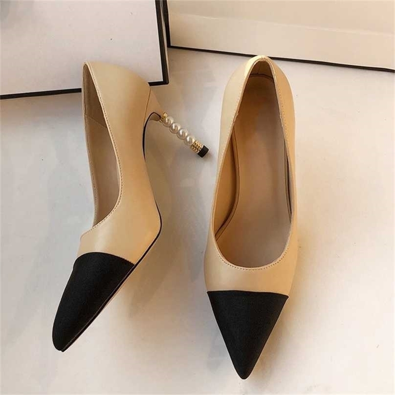 

Sexy Pointed Toe High Heel Shoes Woman Black Leather Thin Heels Designer Pumps White Pearls Decorations Party Dress 211123