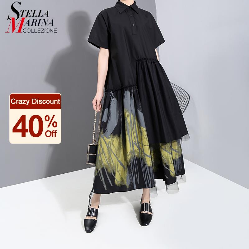 

New 2021 Painted Style Women Summer Designer Vintage Black Long Shirt Dress Retro Print Mesh Overlay Lady Casual Dress Robe 6138, Black 6138