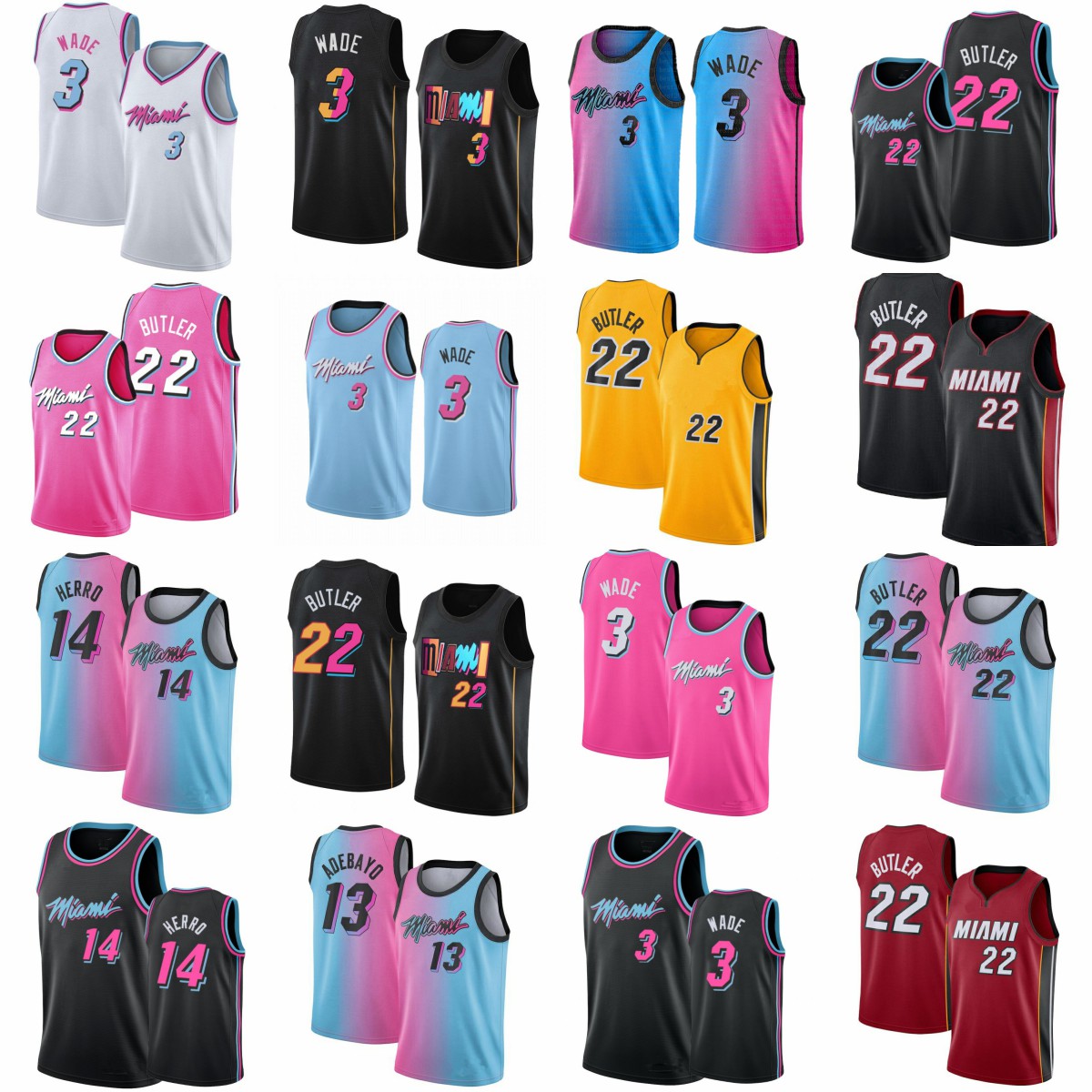 

2021 2022 Jimmy 22 Butler Bam 13 Adebayo Tyler Miamis 14 Herro Heats Pink Blue Basketball Jerseys City Kyle 7 Lowry 75th Dwyane 3 Wade Editi, Color10