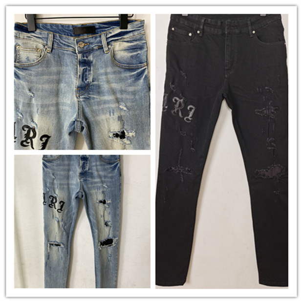 

Mens Jeans Luxurys Designer Embroidery Vintage Letter Patchwork Pants Classic Applique Fashion Holes Motorcycle Biker Slim Skinny Washed Black Jean, Blue
