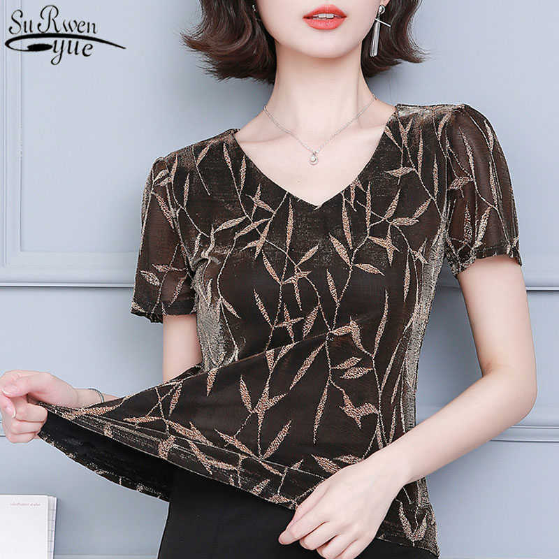 

Summer Gold Short Sleeve Elastic V Neck Shirt Womens Pullover Tops Blusas Mujer Print Oversized Women Shirts Casual 10363 210527, Red