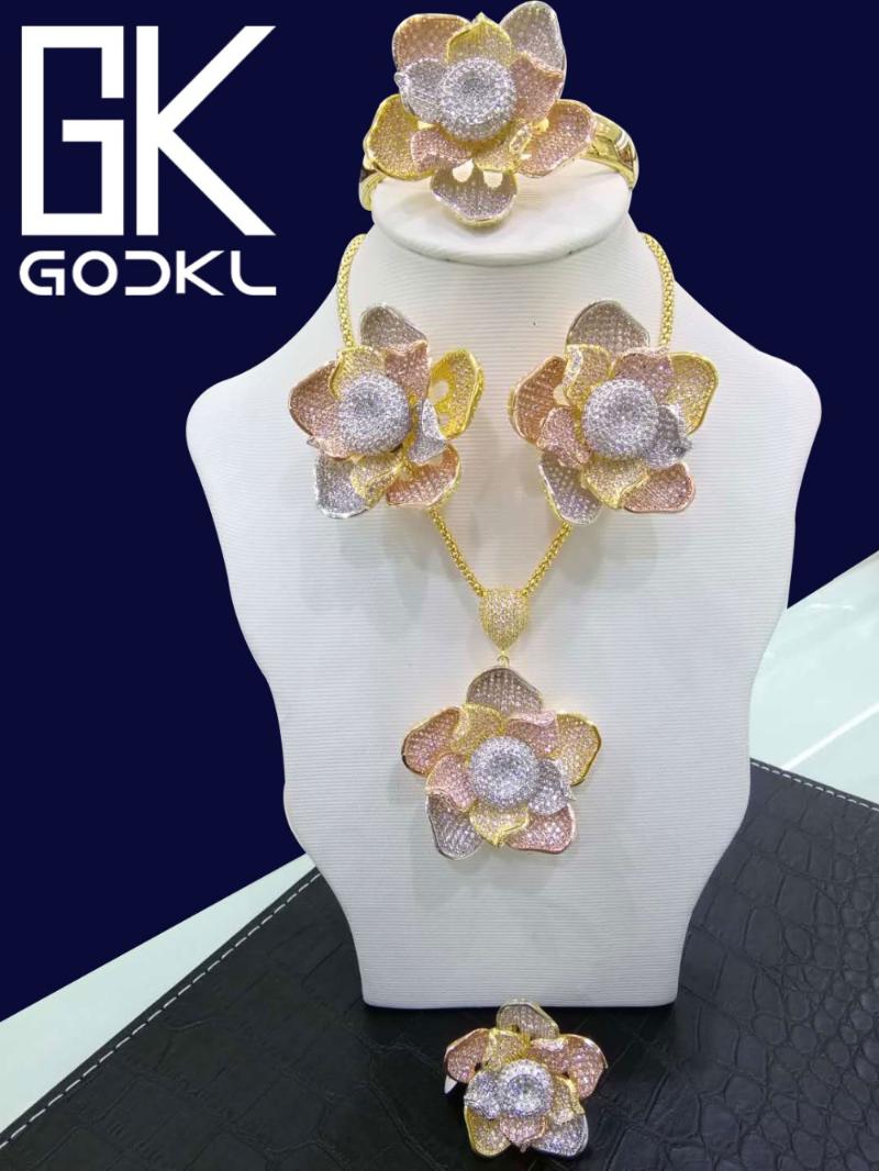 

Earrings & Necklace GODKI Luxury Nigerian Jewelry Sets For Women Wedding Cubic Zirconia Flower African Beads Bridal, As pic