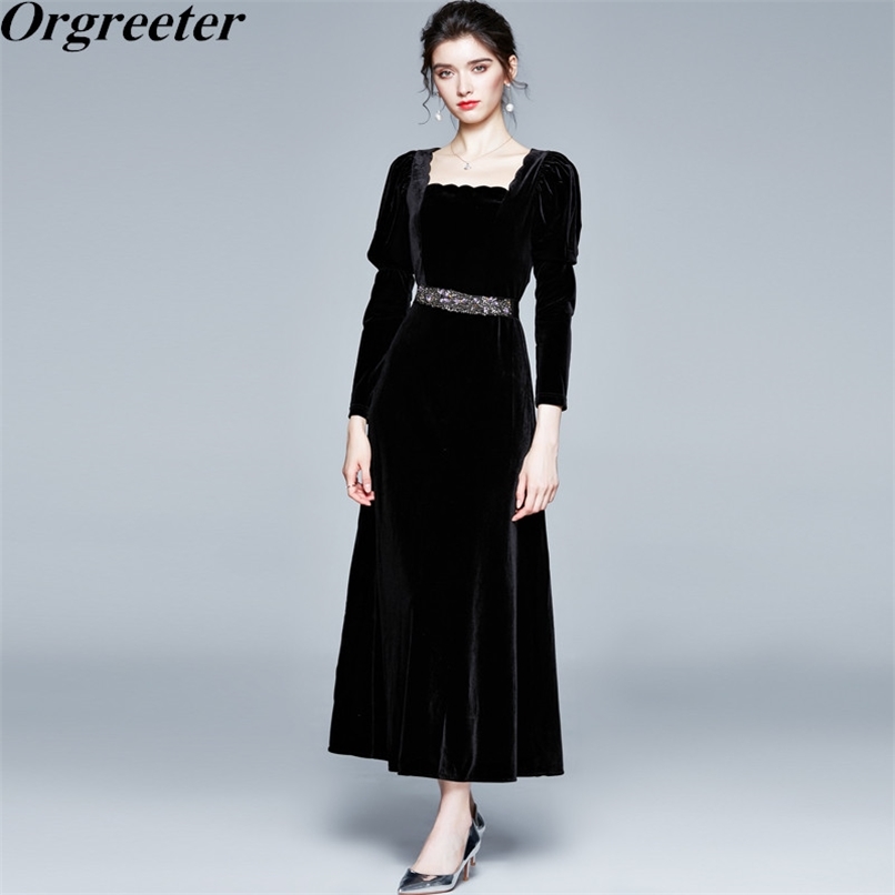 

High-end custom Black Velvet Dress Female Fall Winter Square collar Ruched Puff sleeve Beaded Belt Party Long 210602