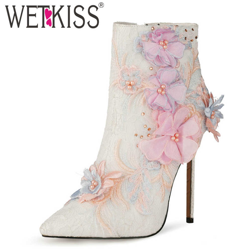 

WETKISS Wedding Shoes Woman Flower Ankle Boots Stiletto Pointed Toe Lace Booties Party Dress Shoes Thin High Heels Pearl Big 210630, White pu liner