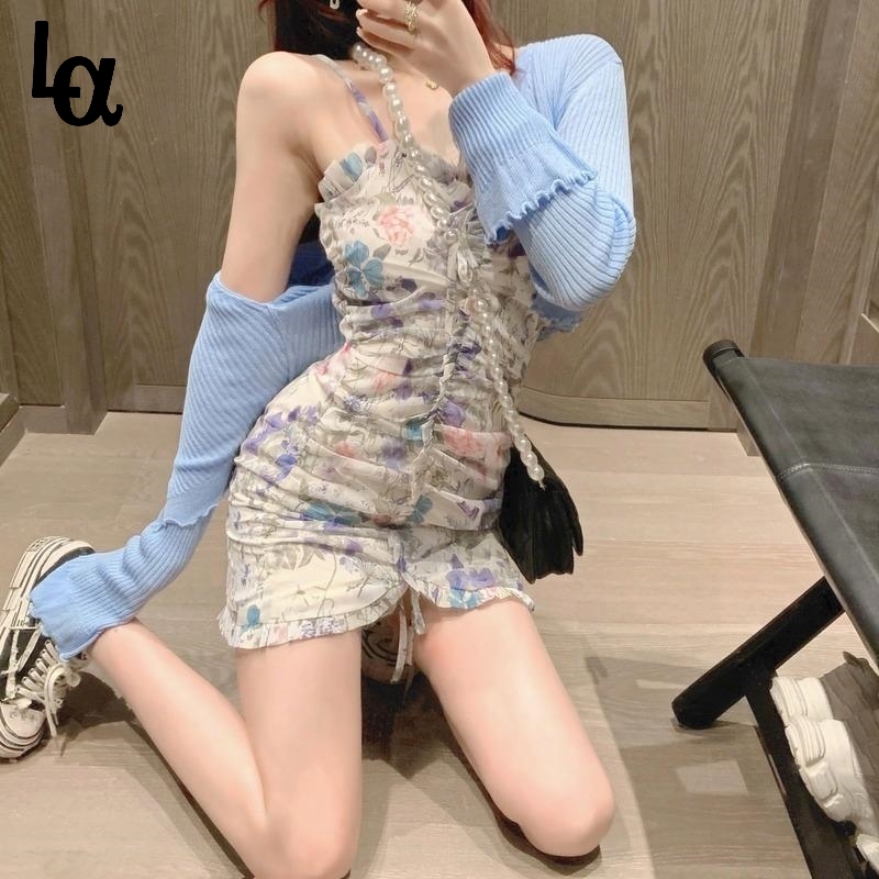 

Summer Sexy Print Strap Dress Women Kawaii Sweet Elegant Lace Up Korean Cute Y2k Temperament Party Chic 210519, Blue