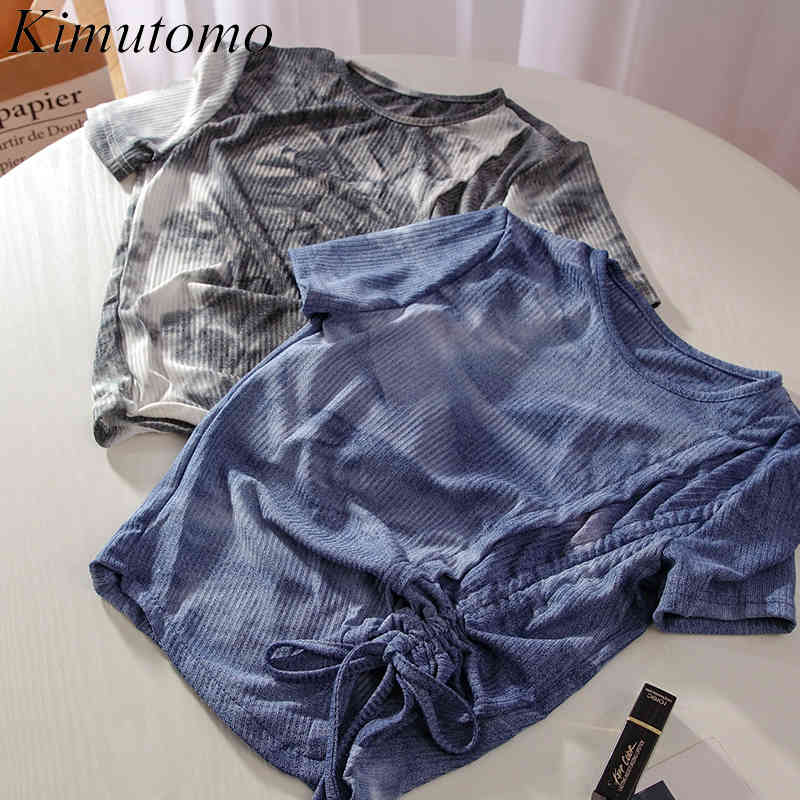 

Kimutomo Irregular Tie Dye T-shirt Summer Female O-neck Short Sleeve Drawstring Hem Slimming Top Women Casual Fashion 210521, Blue