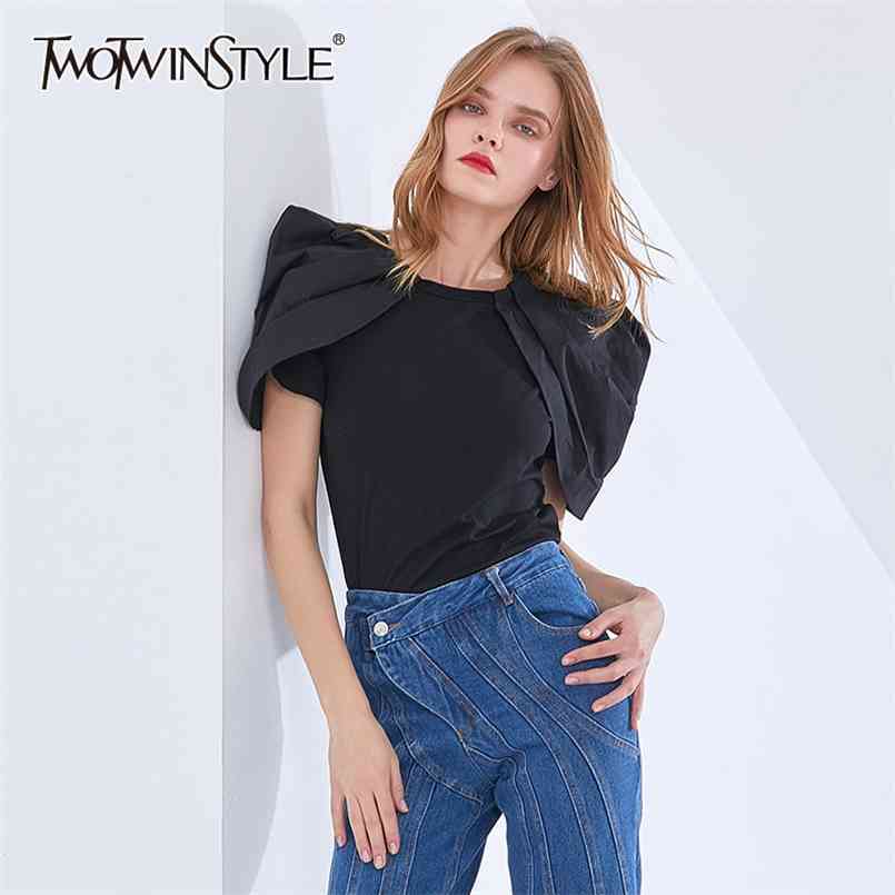 

TWOWINSYLE Black Chic Shirt For Women O Neck Puff Short Sleeve Slim Ruched Casual Shirts Female Fashion Style Summer 210524