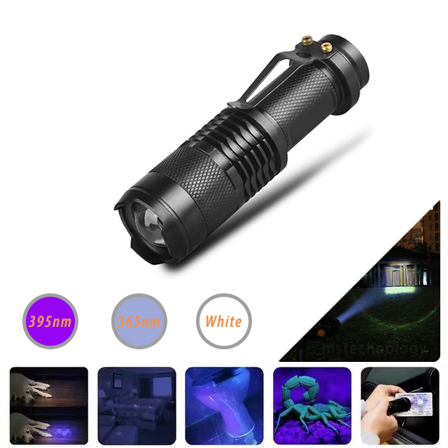 

Mini LED UV Flashlight Ultraviolet Torch 5W White 395 365 nm With Zoom Function Black Light Pet Urine Stains Detector Scorpion Hunting 14500 Battery