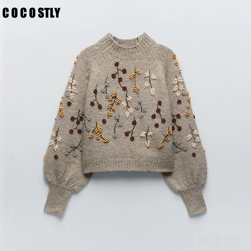 

New ZA 2021 Pullover Women Sweater Vintage Long Sleeve Pullover Chic Flowers Beaded Harajuku Knitted Sweater Jumpers top femme, Gray