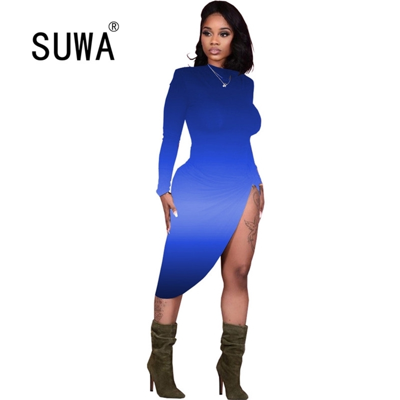 

Gradient Print Vintage Irregular Dress Women Casual Ruched Side High Split Bandage Midi Elegant Long Sleeve Skinny Vestido 210525, Blue