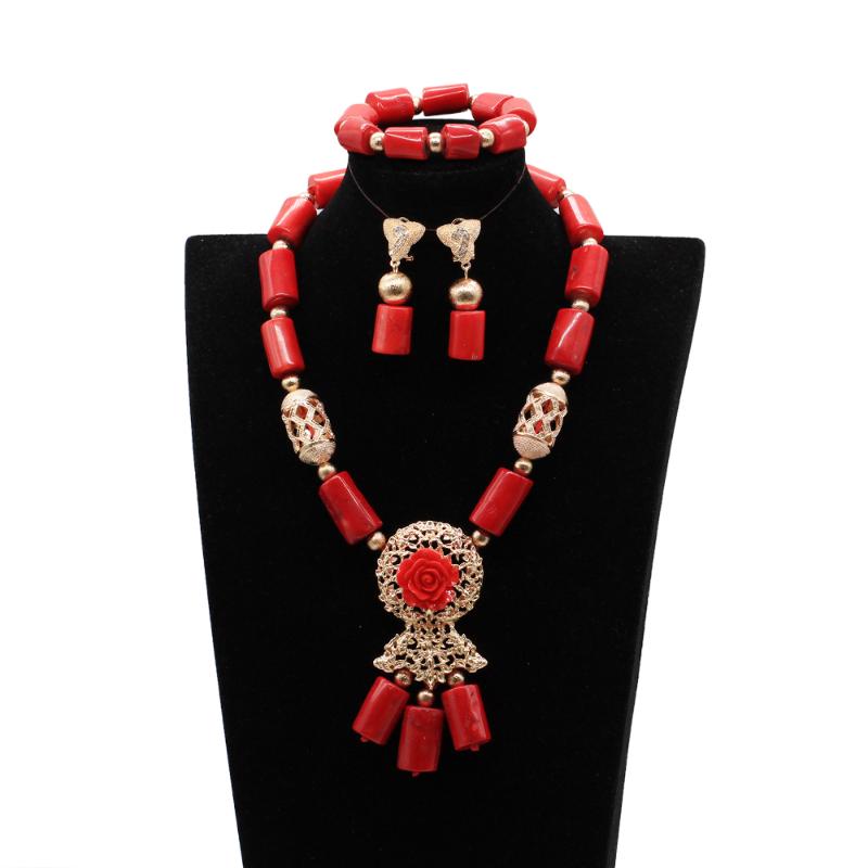 

Earrings & Necklace Exclusive African Real Red Coral Drum Beads Jewelry Nigerian Women's Bracelet Set For Wedding Gift, Silver