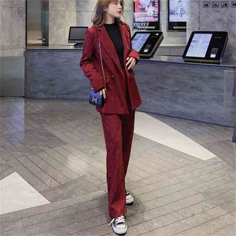 

autumn fashion female suit temperament thick Korean double-breasted British style corduroy OL two-piece Pant Suits 210603, Picture color