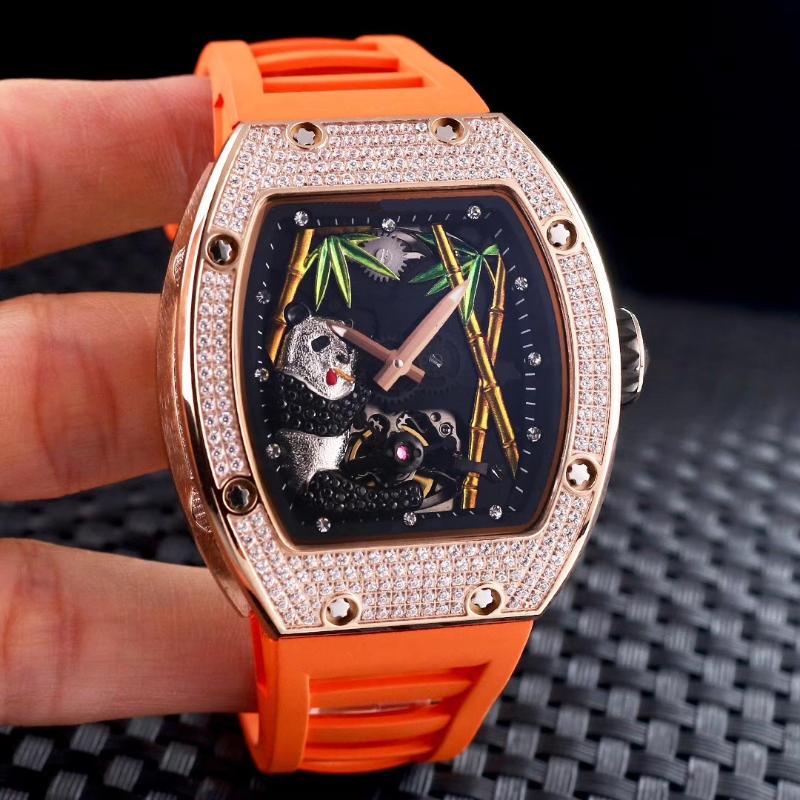 

Wristwatches Men Automatic Mechanical Skeleton Watch Rose Gold Panda Iced Diamonds Stainless Steel Black Rubber Tourbillion