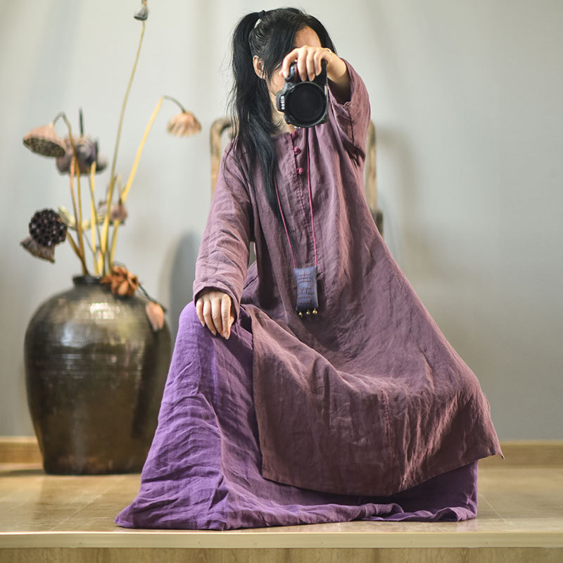 

Johnature Autumn Retro Plate Buckle O-neck Long Sleeve High Slit Dresses Cotton Linen Comfortable Women Pullover Dress 210521, Purple