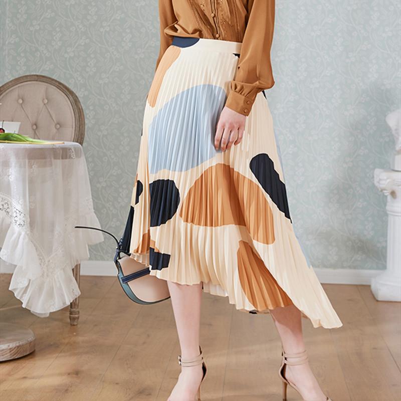 

Fashion Women Midi Skirt Irregular Slanted Lady Color Patchwork Print Female Pleated Long Skirts, As picture shows
