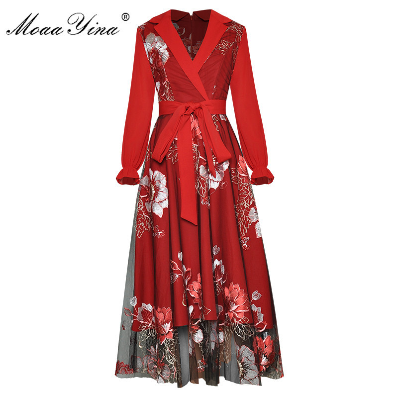 

Fashion Designer dress Spring Women Dress V-neck Long sleeve Mesh Embroidery lace-up Dresses 210524, Red