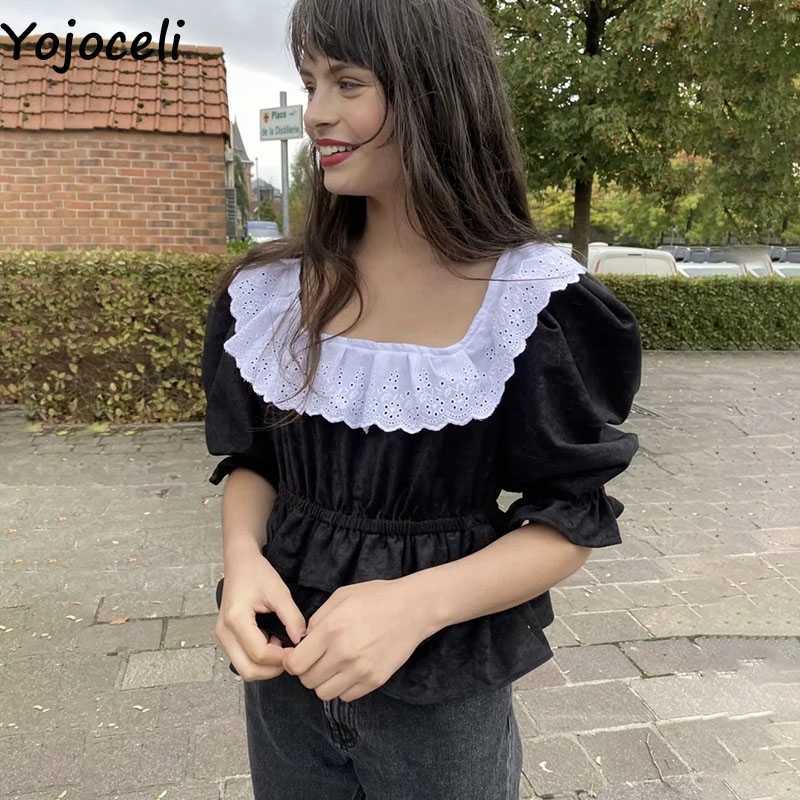 

Yojoceli Sexy velvet white lace collar blouse women Spring sweet streetwear casual Ruffle top daily cute female 210609, Black