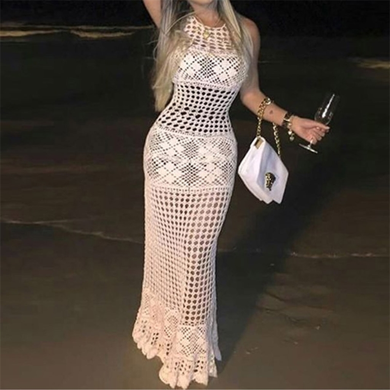 

Women Crochet Cover Up Bikini Swimwear Knit Hollow Out Beach Dress Swimsuit Solid Perspective Tunic Kaftan Sexy Pareo 210629, White