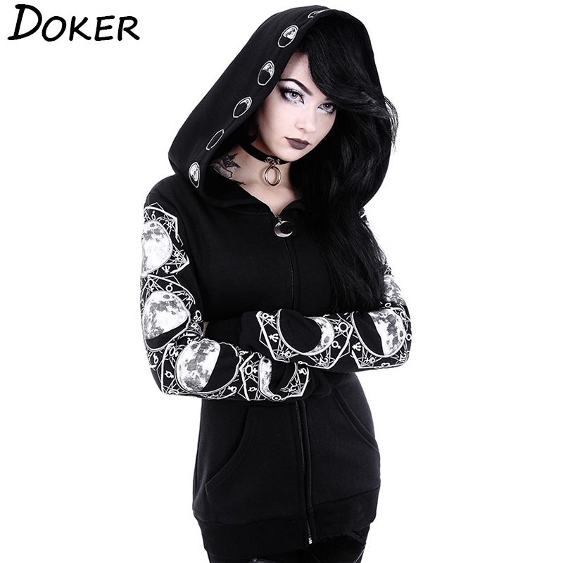 

5XL Gothic Punk Women Print Long Sleeve Hoodies Sweatshirts Casual Zipper Jacket Hooded Tops Female Autumn Winter Black Hoodies.