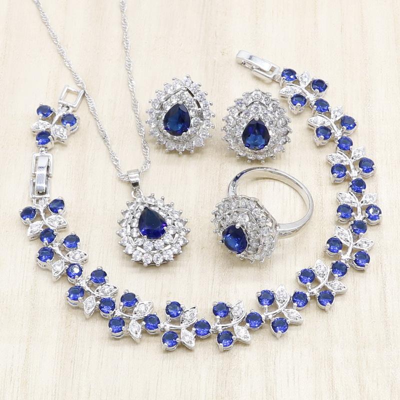

Wedding Jewelry Sets Water Drop Silver For Women Blue White Crystal Bracelets Necklace Pendant Rings Earrings Gift Box, Slivery;golden