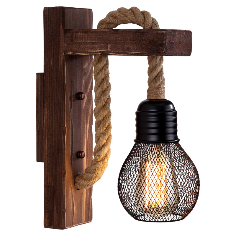 

Industrial Wood Retro Wandlamp Hemp Rope Wall Lamp Light Wall Sconce DIY Bedroom Restaurant Bar Aisle American Decor Halogen