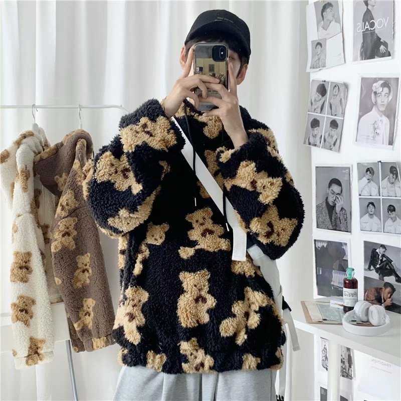 

Teddy Bear Hoodie Man Oversized Hoodie Furry Sweatshirts Loose Casual Pullovers oversized Tracksuit Spring Men Anime Clothing P0831, Black