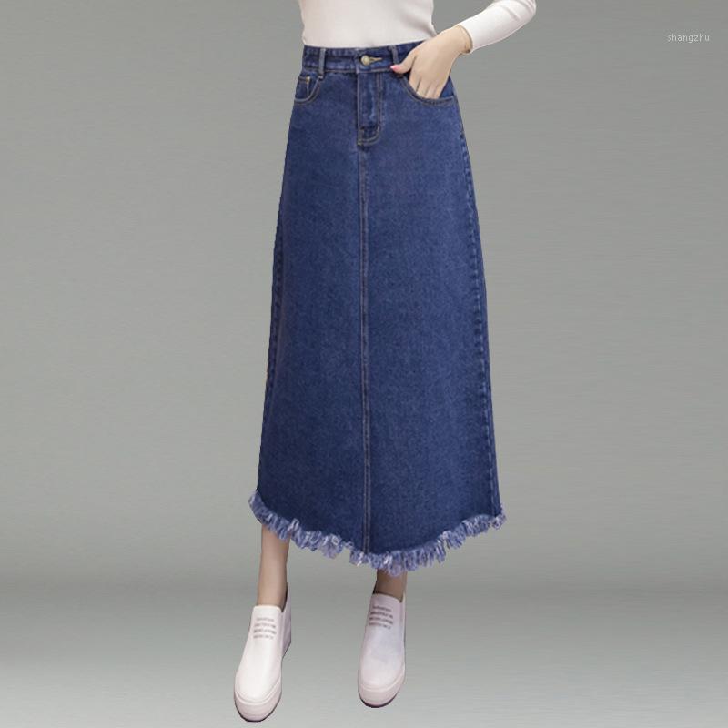 

Skirts 2021 Spring&Autumn Denim Blue Women Long Skirt A- Line Jupe Femme OveSize Casual Tassel Plus Size Cotton