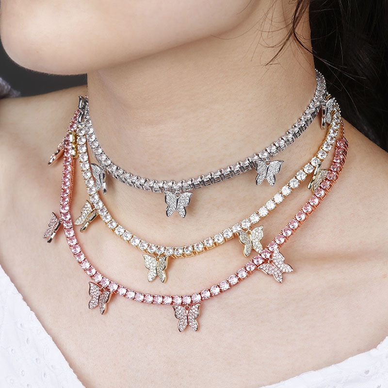

JINAO New Butterfly Chain 4MM Tennis Chain Choker Necklace Iced Out Cubic zircon Bling Hip Hop Charm Jewelry For Men Women Gift X0509