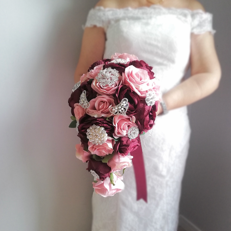 

Waterfall Cascading Wedding Flowers Pink Rose Burgundy PeoniesBridal Bouquets Artificial Rhinestones Crystal Bouquet De Mariage Dropshipping