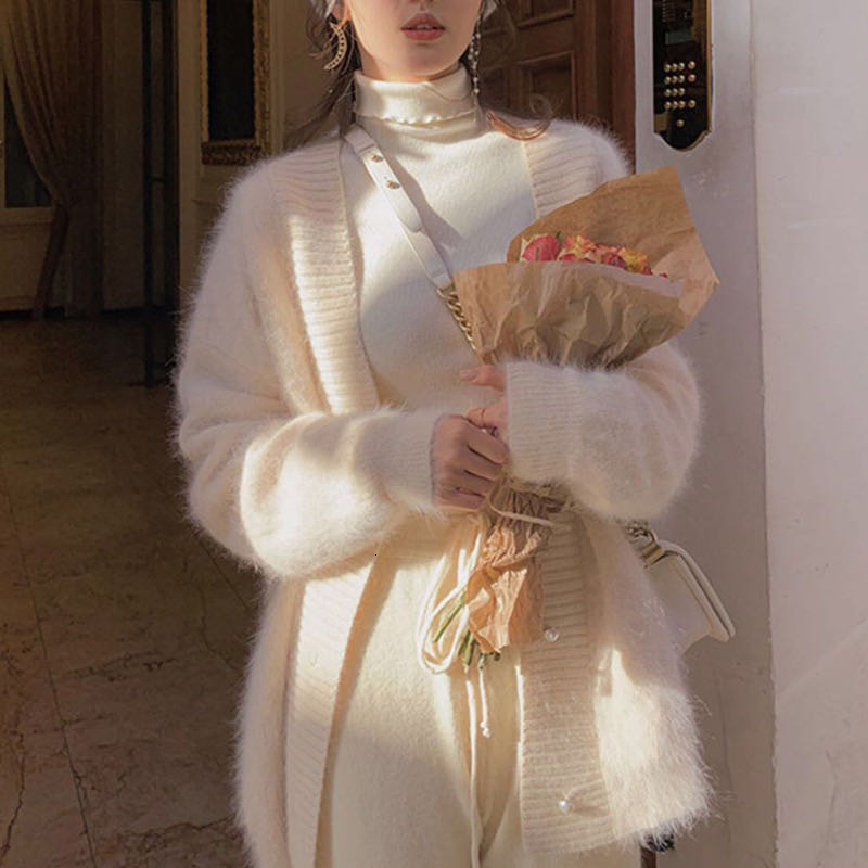 

Women's Fur & Faux Wool-necked cardigan with a turtleneck, white, soft, lazy style, wool, for autumn and winter, , loose, knitted or crocheted coat, very CAP7, 1# shoe box