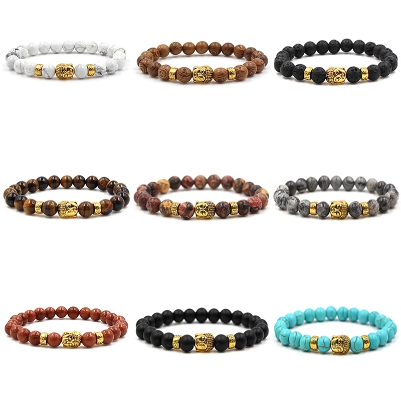 

Natural Stone Black Lava Volcanic Sand Tiger Eye Stone Buddha Beaded Elastic Bracelet For Men And Women Accessories Jewelry Gift