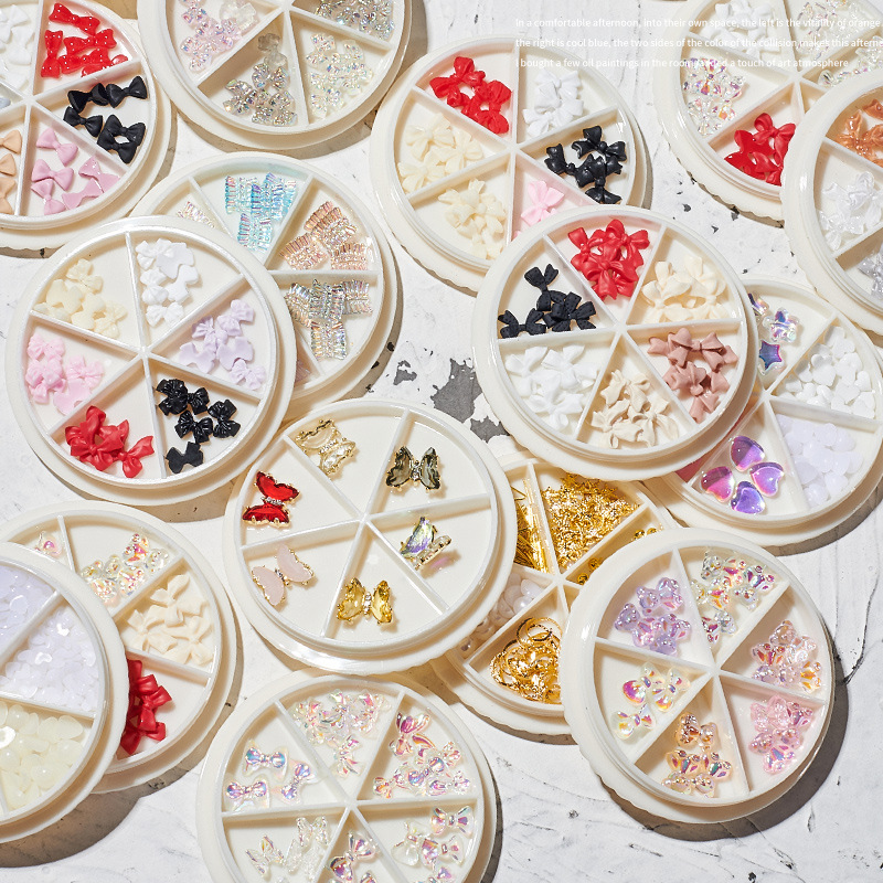 

1 wheel 3d resin bowknot butterfly nails art decorations sequins kit fake nail mix rivets diamond accessories charms manicure supplies tool